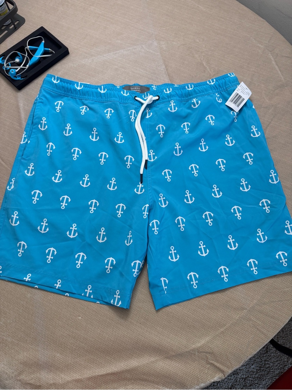 Men's Anchor Pattern Swim Trunks - Turquoise Blue